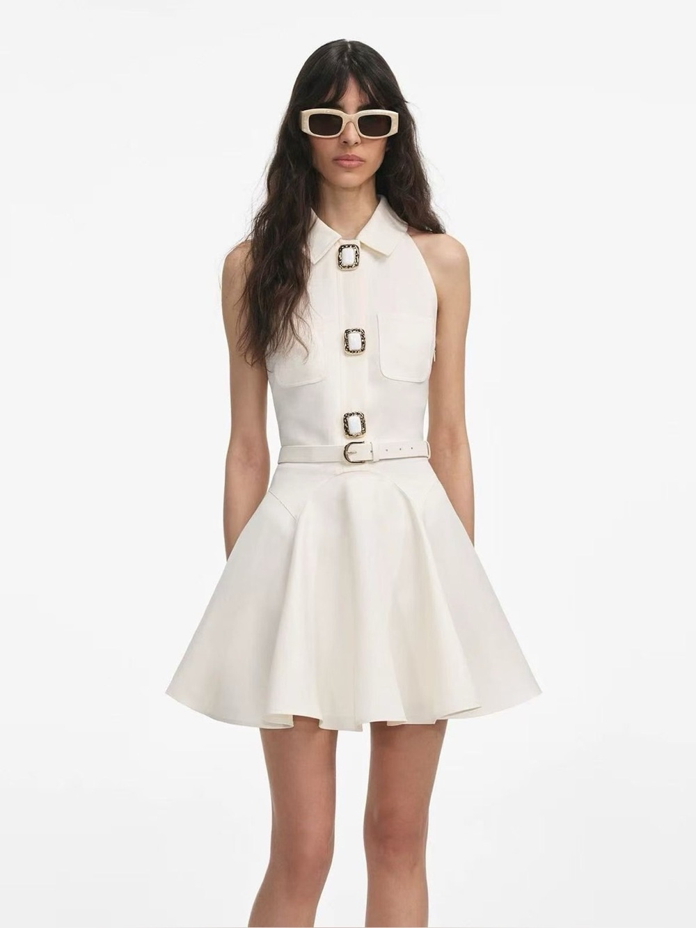 NWOT Self-Portrait Cream Sleeveless Belted Fit-and-Flare Dress, Size US 2/4/6/8